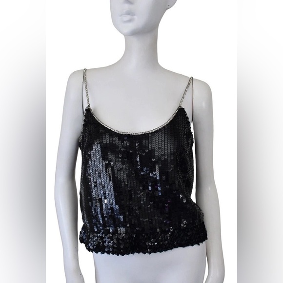 Saks 5th Ave vintage 1980s black sequin tank with rhinestone straps. Silk lining - Picture 2 of 6